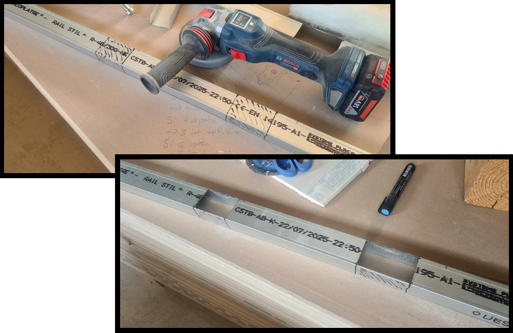 2026.03.01 - Découpe à la disqueuse de petites fenêtres dans le rail du haut, pour passer les gaines