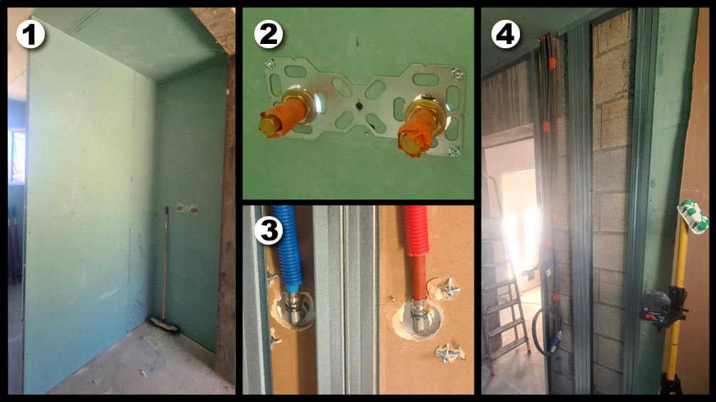 Placage (partiel) de la douche, PER et platine, et support sèche-serviettes
